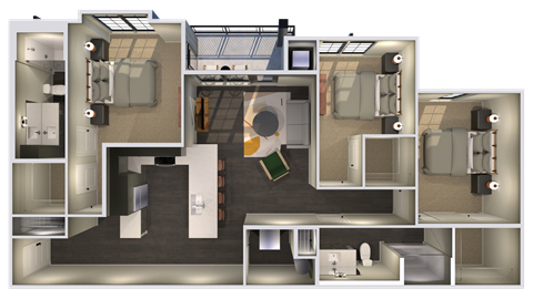 a 3d rendering of a floor plan with a bedroom and a living room